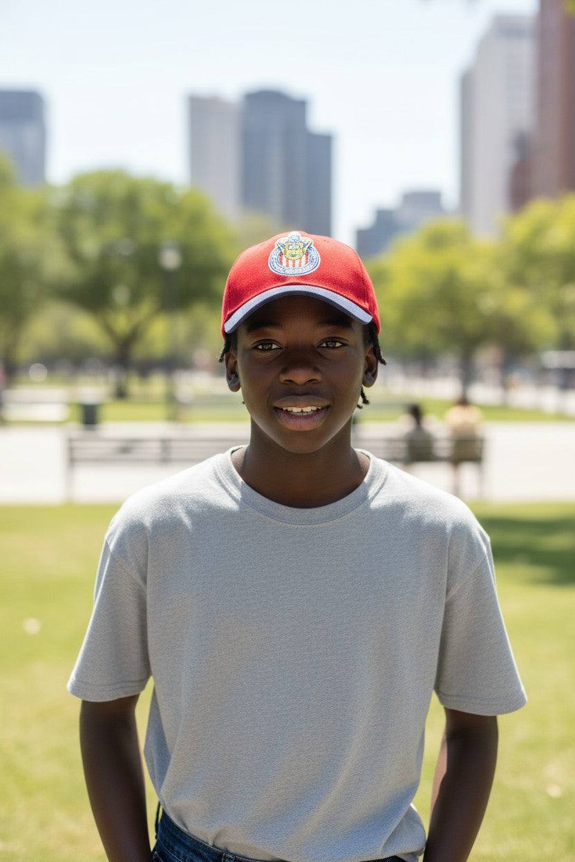 young person wearing Fan Ink officially licensed 2-tone adjustable Football Hat outdoors