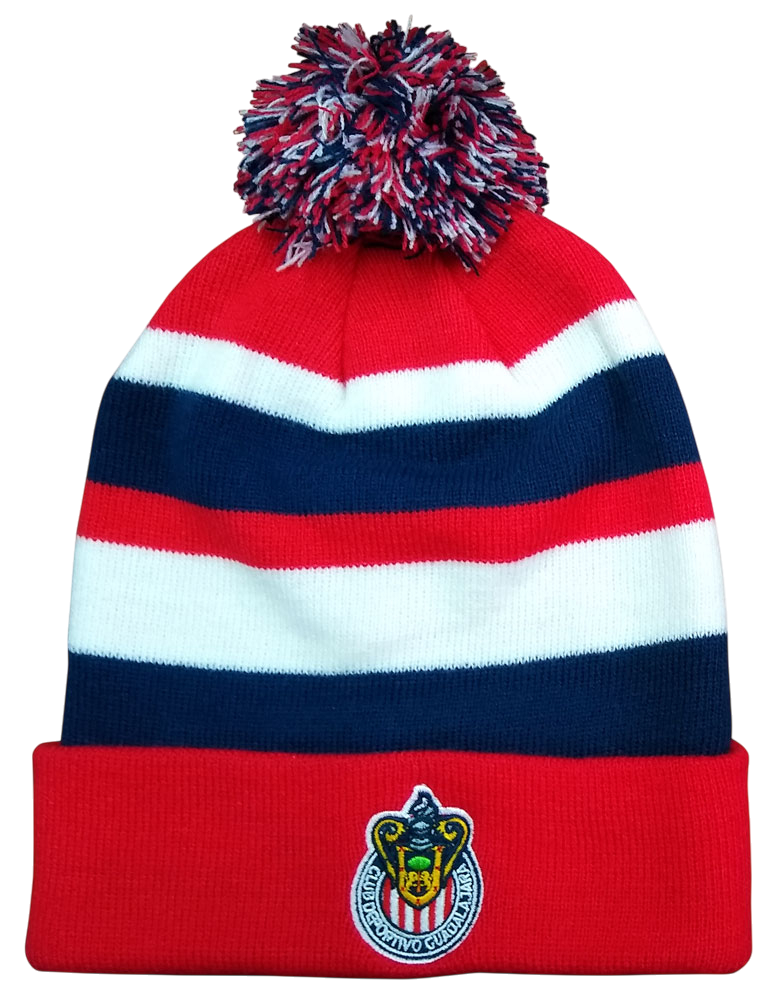 Fan Ink licensed red, white, and blue football beanie with embroidered club crest and pom-pom topper