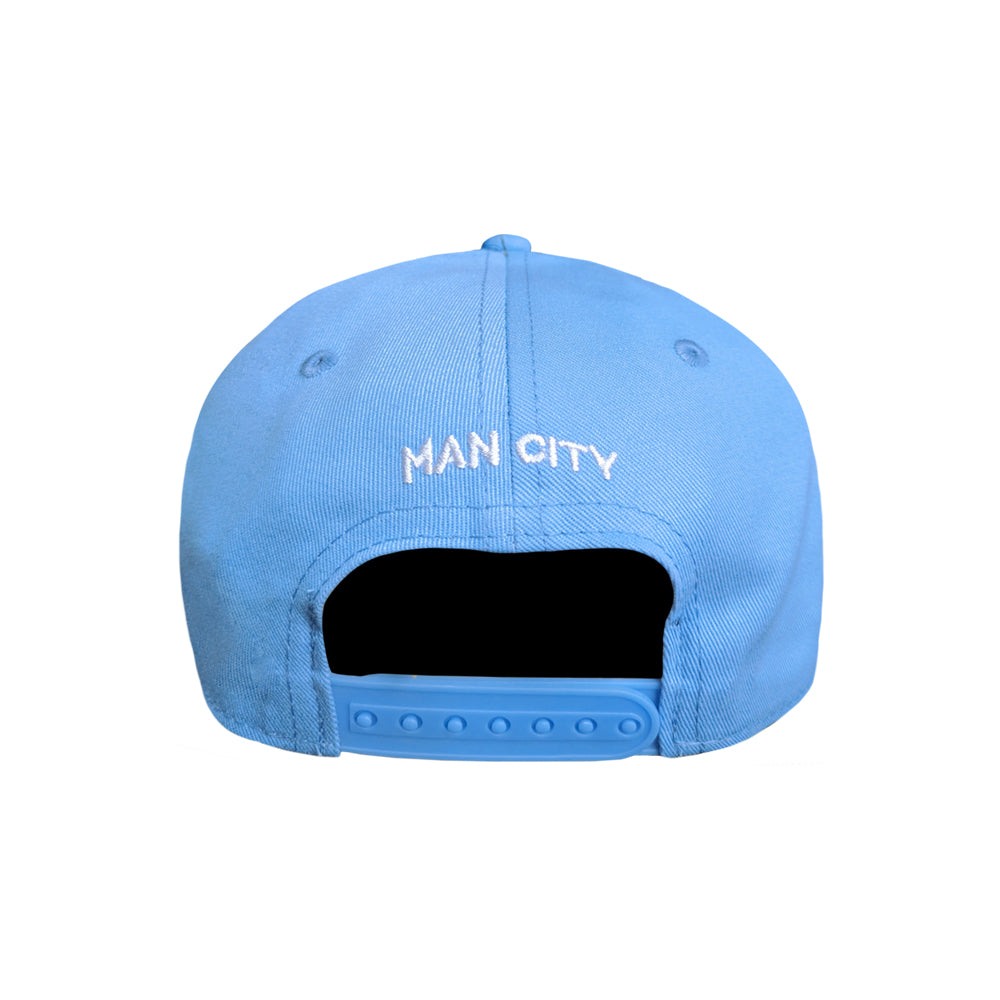 Adjustable blue Football Hat with "Man City" text, featuring officially licensed Fan Ink design for top clubs.