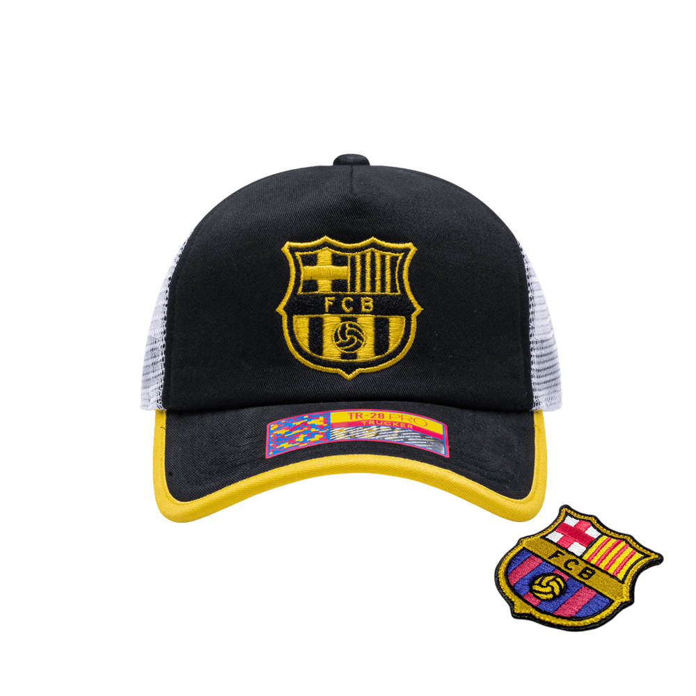 Barcelona Cap One8th Strike Trucker Hat with interchangeable patches and breathable mesh panels for fans