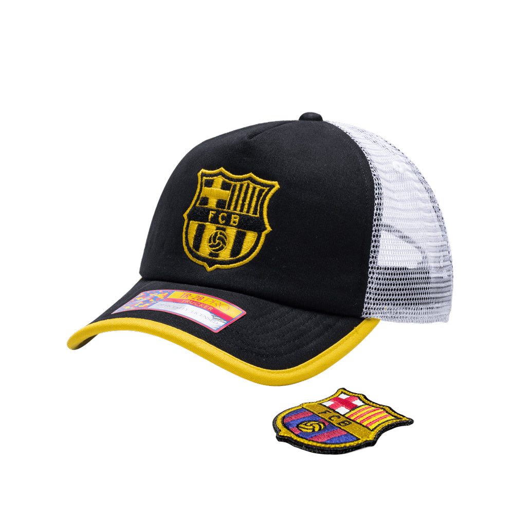 Barcelona Cap One8th Strike Trucker Hat with interchangeable patch, black and yellow front, breathable white mesh back, and adjustable snapback.