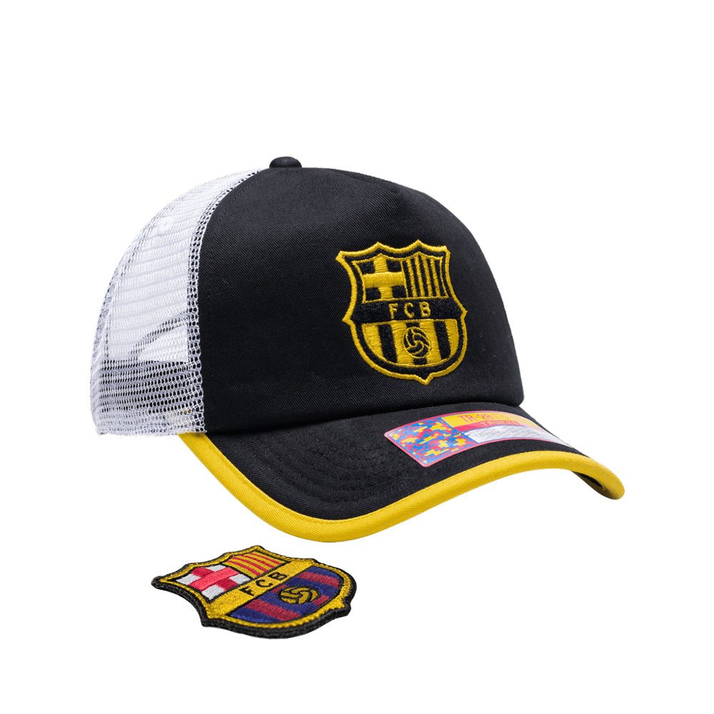 Barcelona Cap One8th Strike Trucker Hat with interchangeable patches and breathable mesh panels
