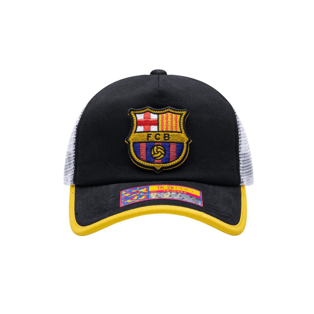 Barcelona Cap One8th Strike Trucker Hat with interchangeable front patch, breathable white mesh back, yellow-trimmed curved peak, and premium cotton twill construction.