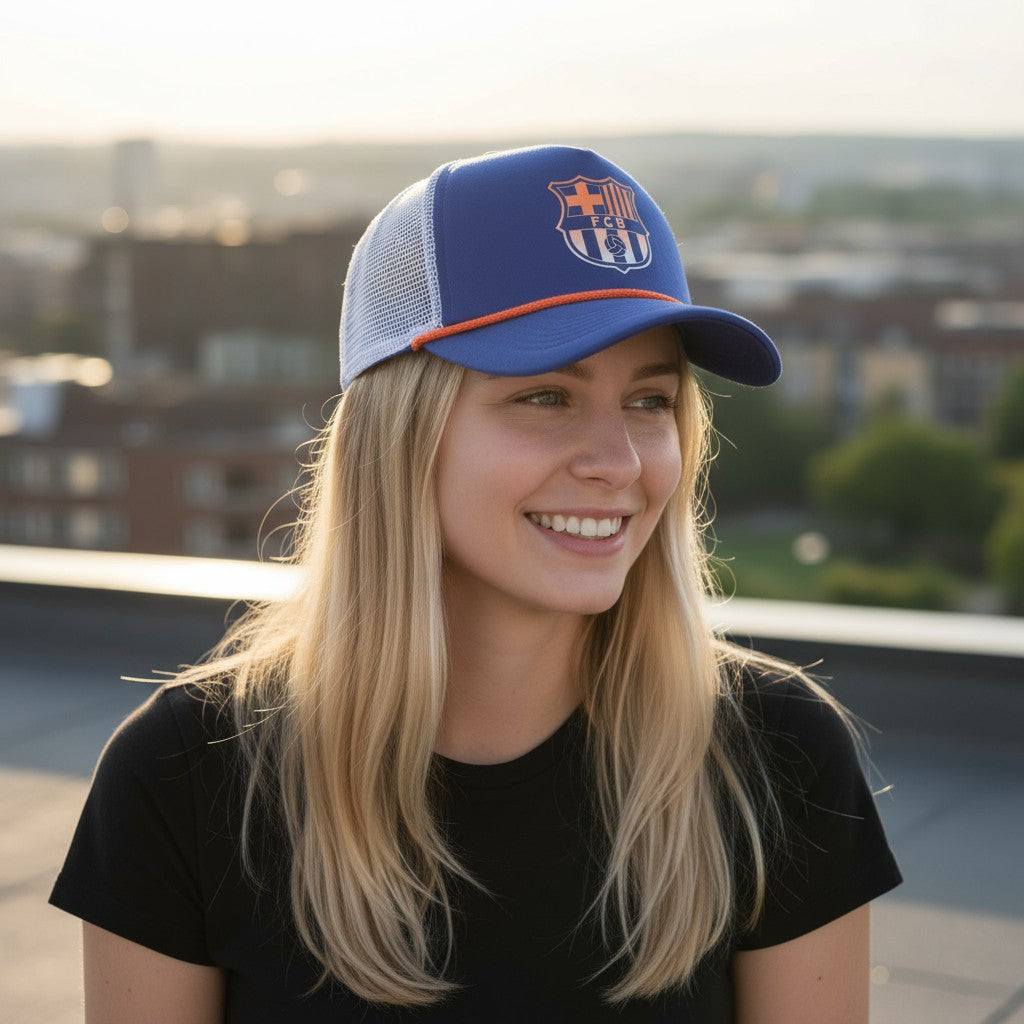 FC Barcelona Serve Trucker Hat with retro 90s surf-inspired design and breathable mesh back