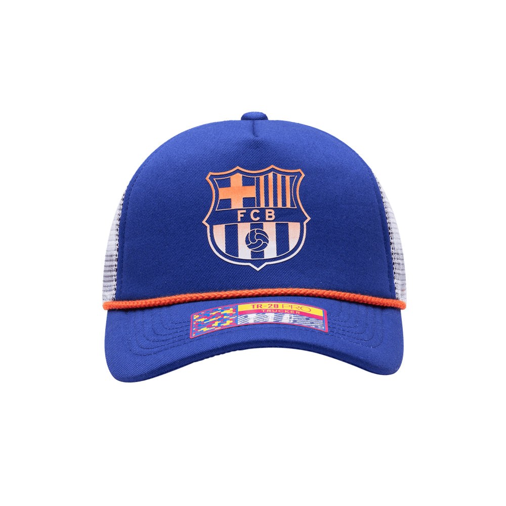 Barcelona Cap Serve Trucker Hat with blue front, orange pop rope, mesh back, and adjustable snapback closure