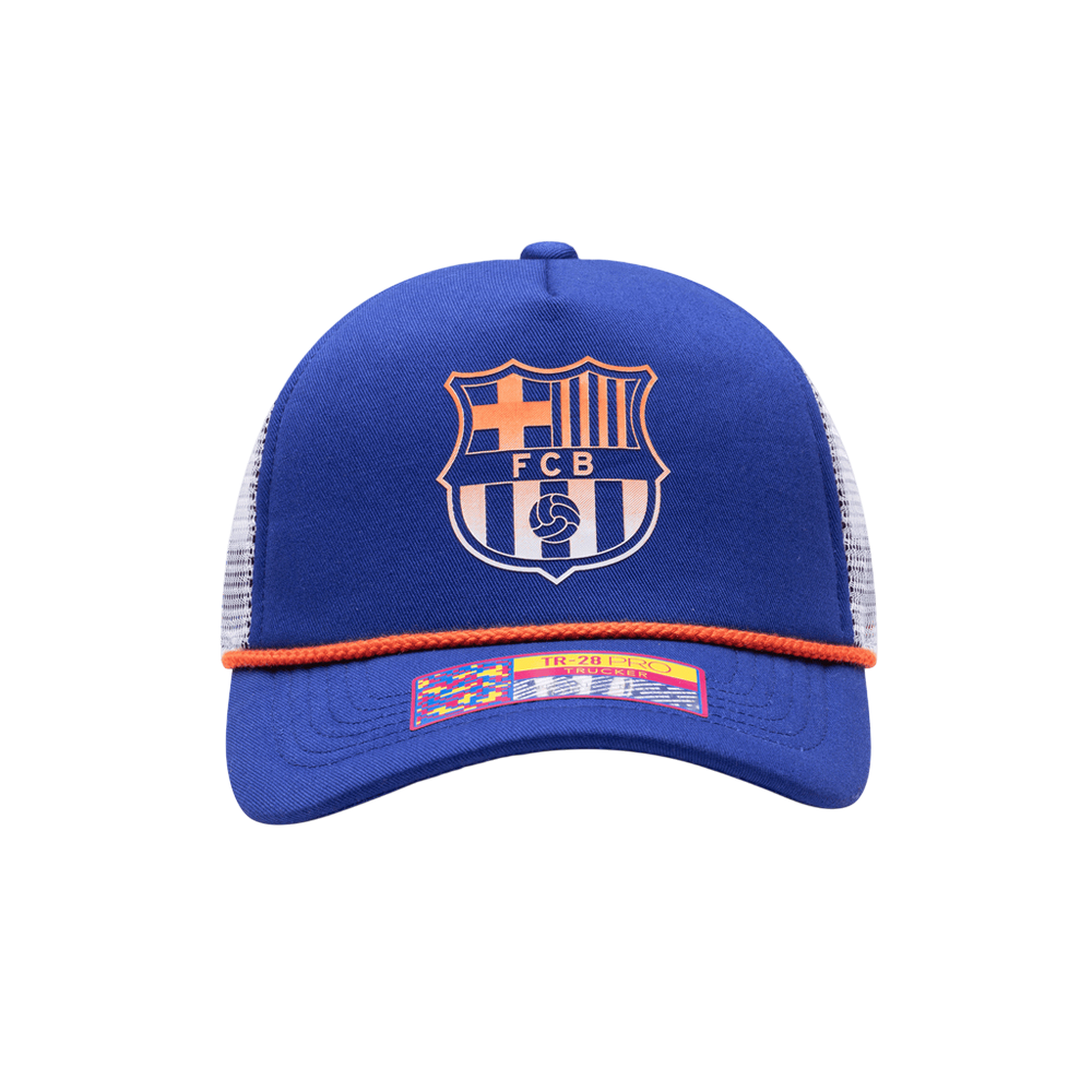 FC Barcelona Cap Serve Trucker Hat with retro 90s surf-inspired design and breathable mesh back