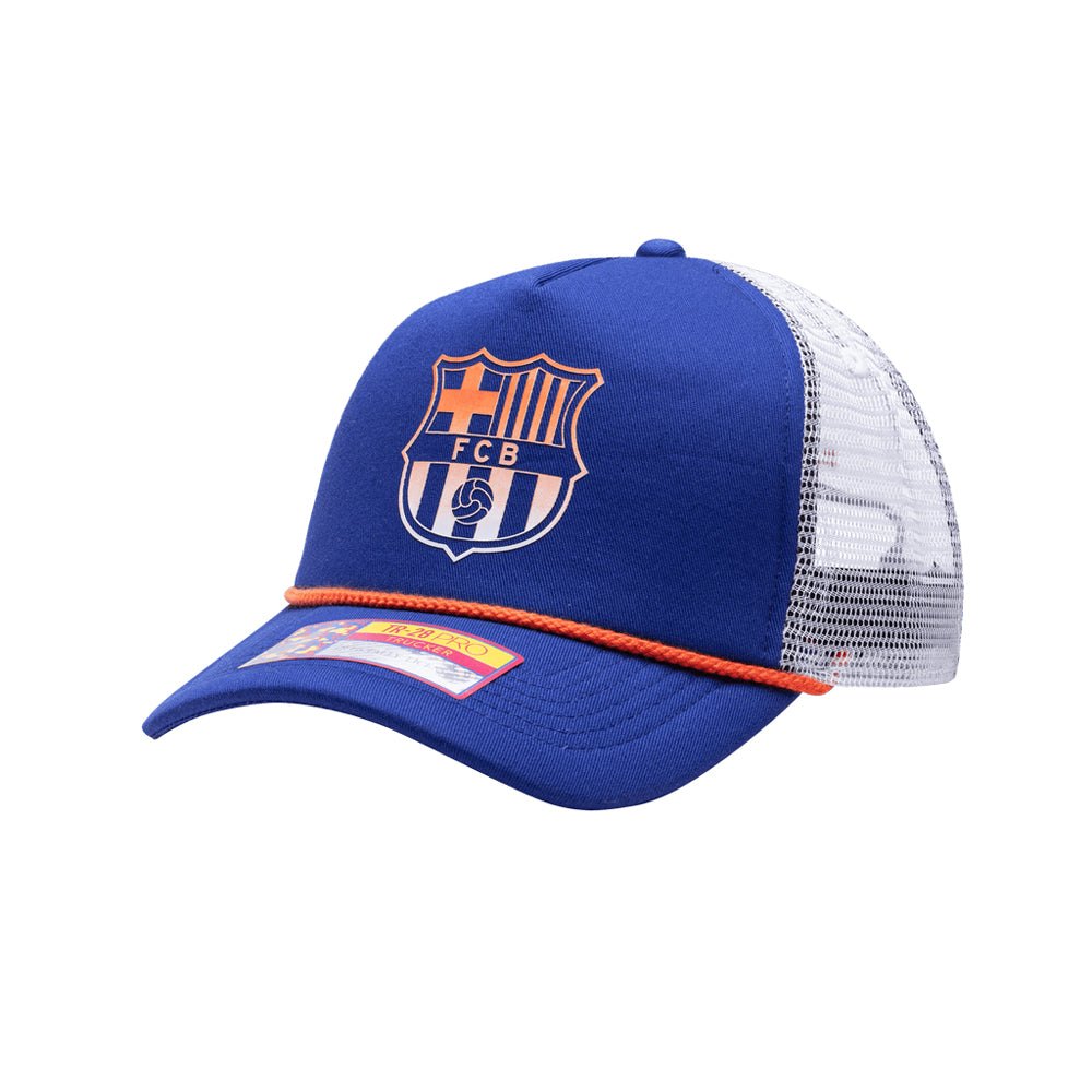 FC Barcelona Serve Trucker Hat with retro 90s surf style and adjustable snapback