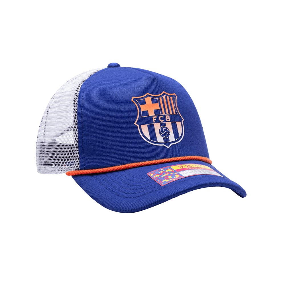 Blue FC Barcelona Serve Trucker Hat with white mesh back, orange pop rope detail, and curved peak