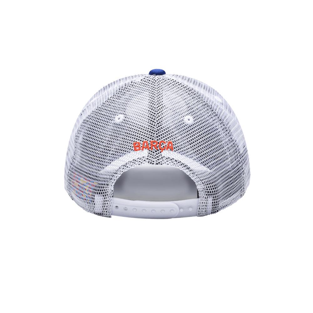 Back view of Barcelona Cap Serve Trucker Hat with breathable white mesh and adjustable snapback closure
