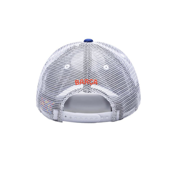 FC Barcelona Cap Serve Trucker Hat with 90s surf-inspired gradient design and breathable mesh back