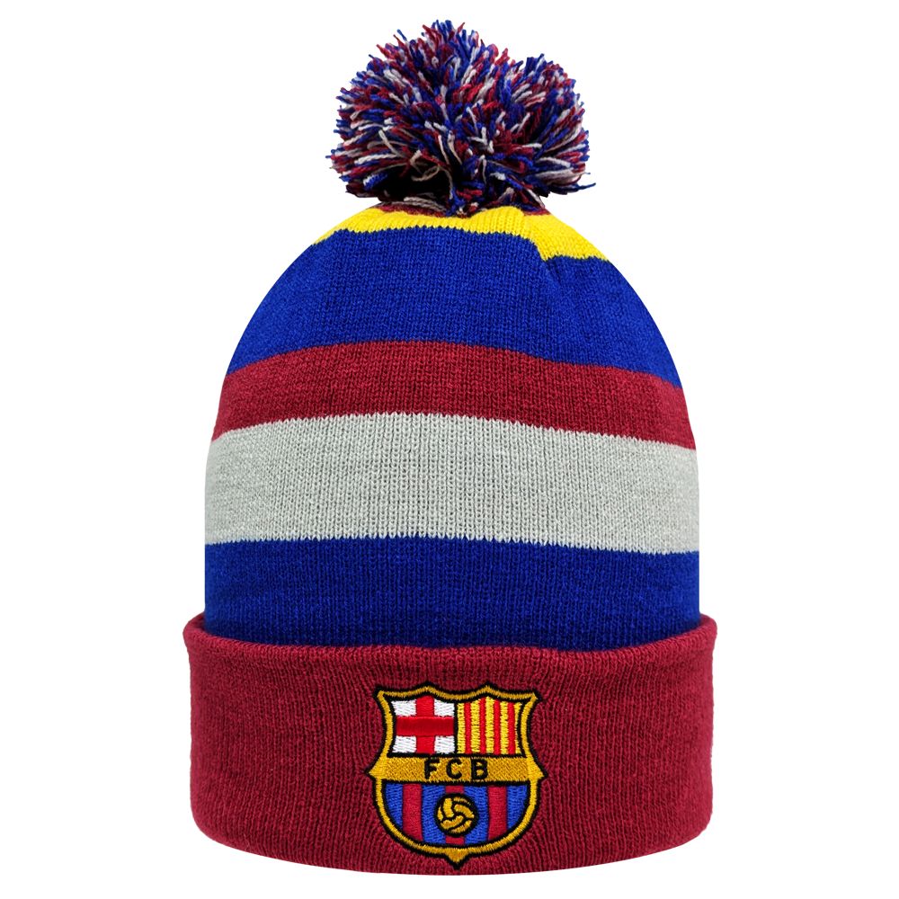 Fan Ink Officially Licensed Football Beanie with Barcelona club crest, soft acrylic, winter beanie with pom-pom