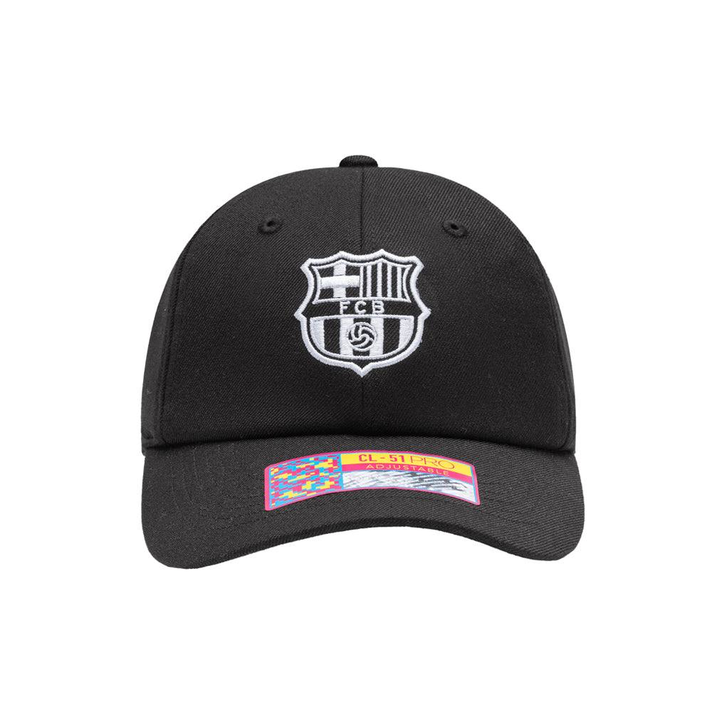 Black Barcelona Cap with embroidered club logo and adjustable strap buckle closure