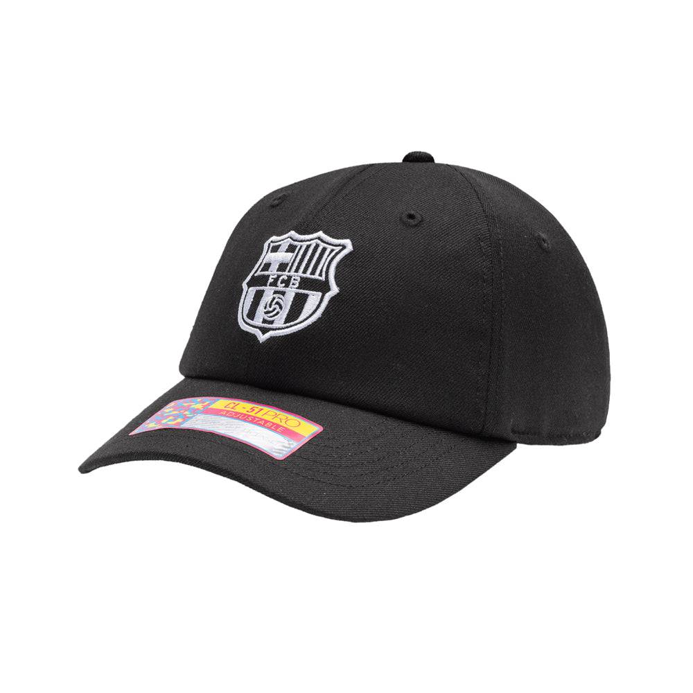 Black Barcelona Cap with felt team logo applique and adjustable strap buckle closure