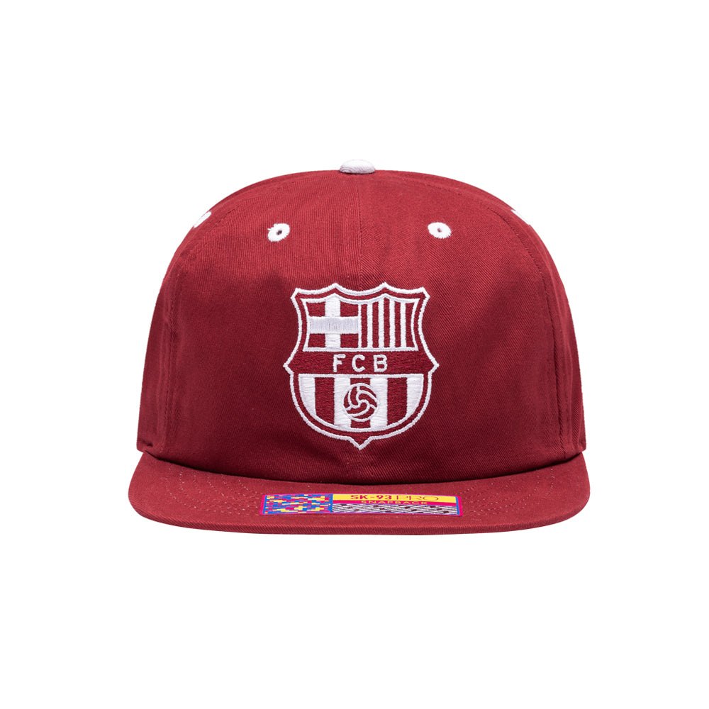 Barcelona Cap Bankroll Snapback Hat in red with embroidered club logo and flat brim