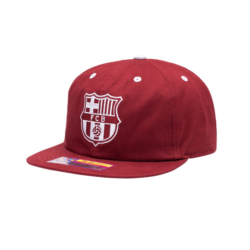 Maroon Barcelona Cap Bankroll Snapback Hat with embroidered logo, flat brim, and adjustable closure.