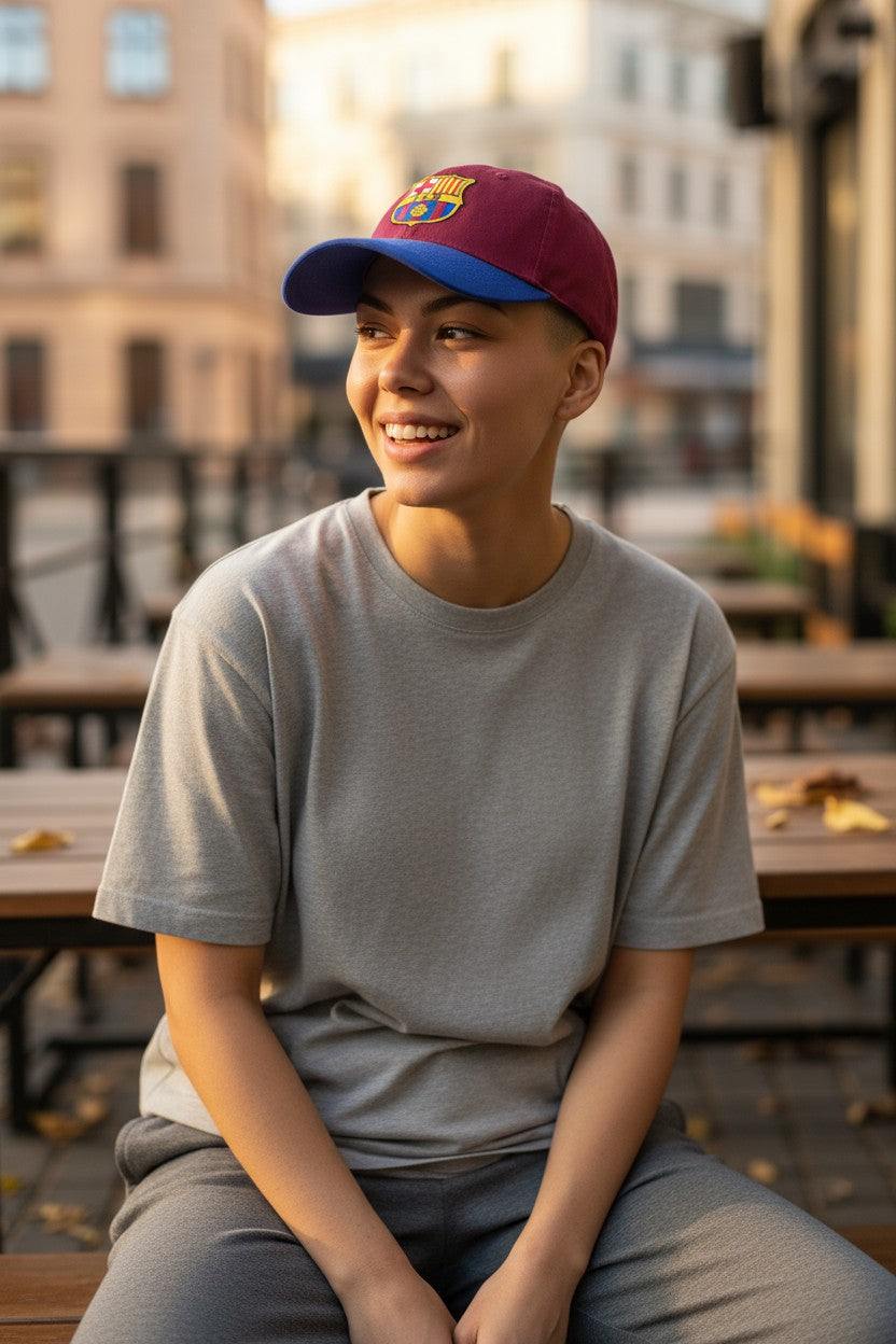 Person wearing Fan Ink officially licensed 2-tone adjustable Football Hat with club crest outdoors