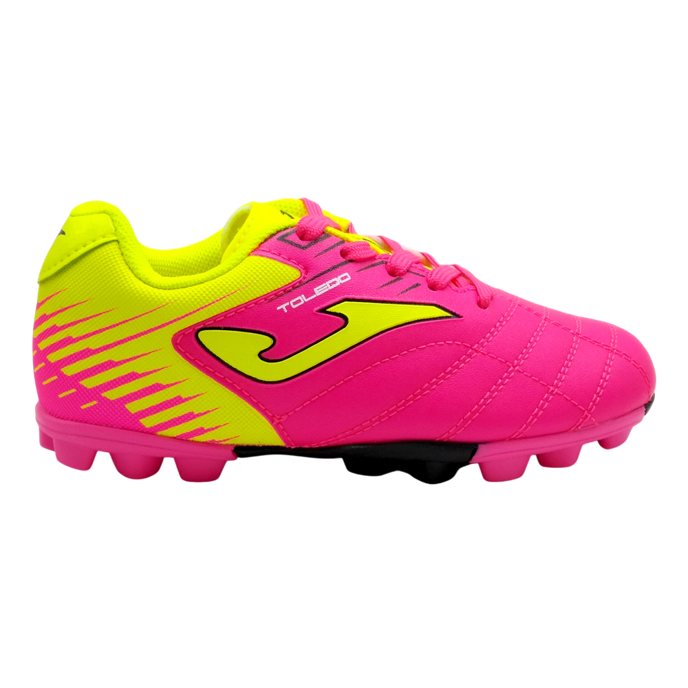 Joma Toledo Junior Molded 24 soccer shoes in pink and yellow with molded rubber outsole for kids.