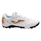 Joma Maxima Adult Turf Soccer Shoes with superior traction and comfort in white and gold.