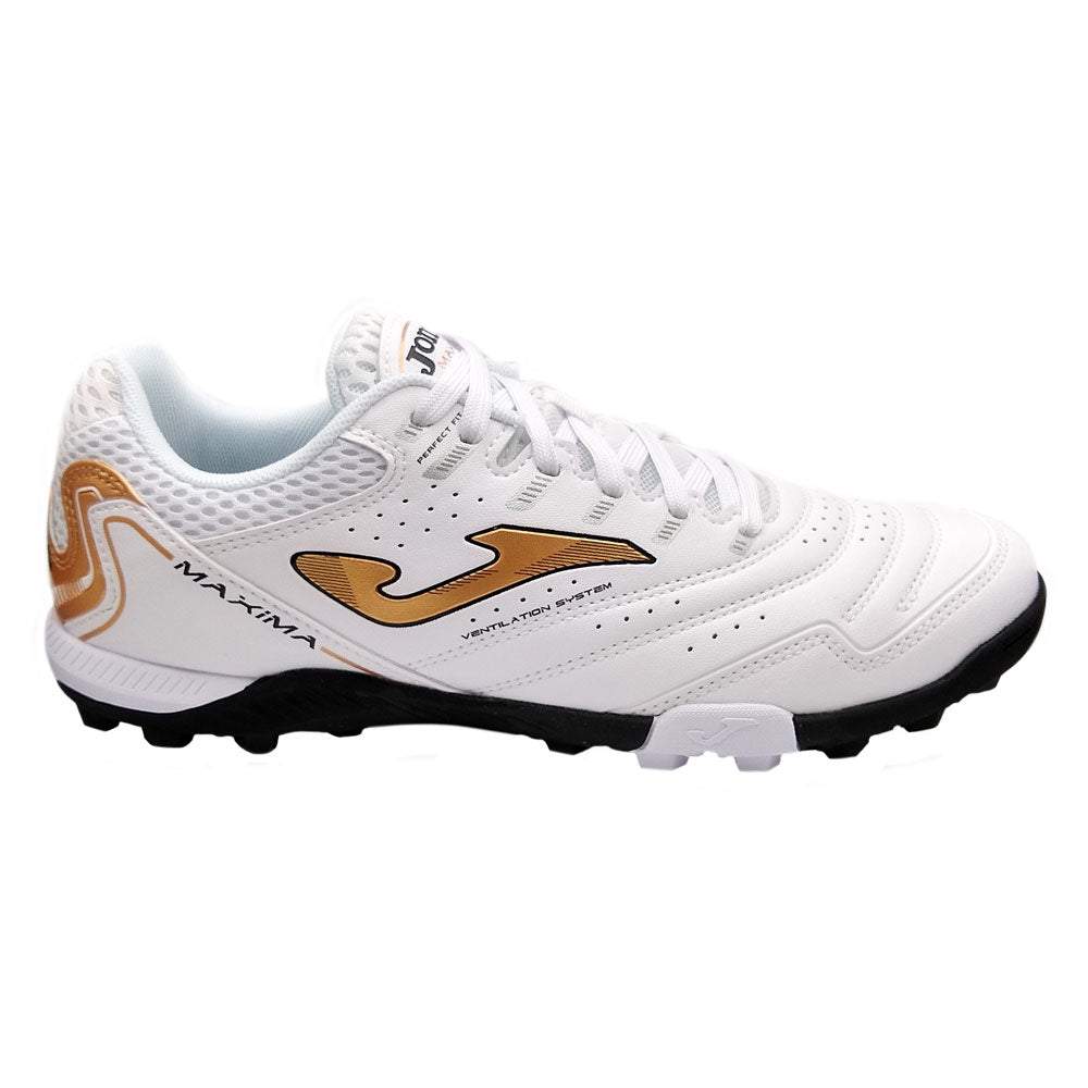 Joma Maxima Adult Turf Soccer Shoes with superior traction and comfort in white and gold.