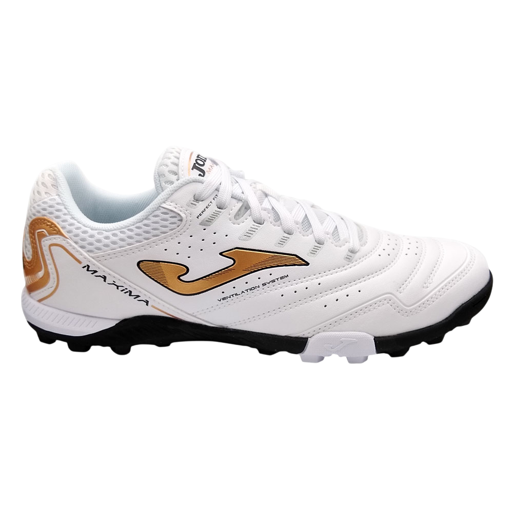 White and gold Joma Maxima turf soccer shoe with studded sole and breathable design