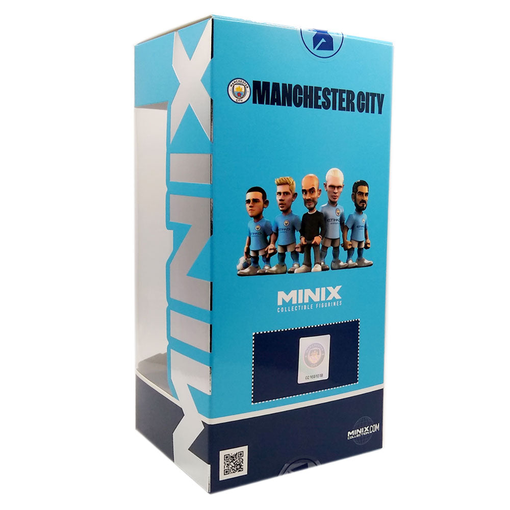 Minix Phil Foden Manchester City collectible figurine box, bright blue with team graphics and five player figures displayed.