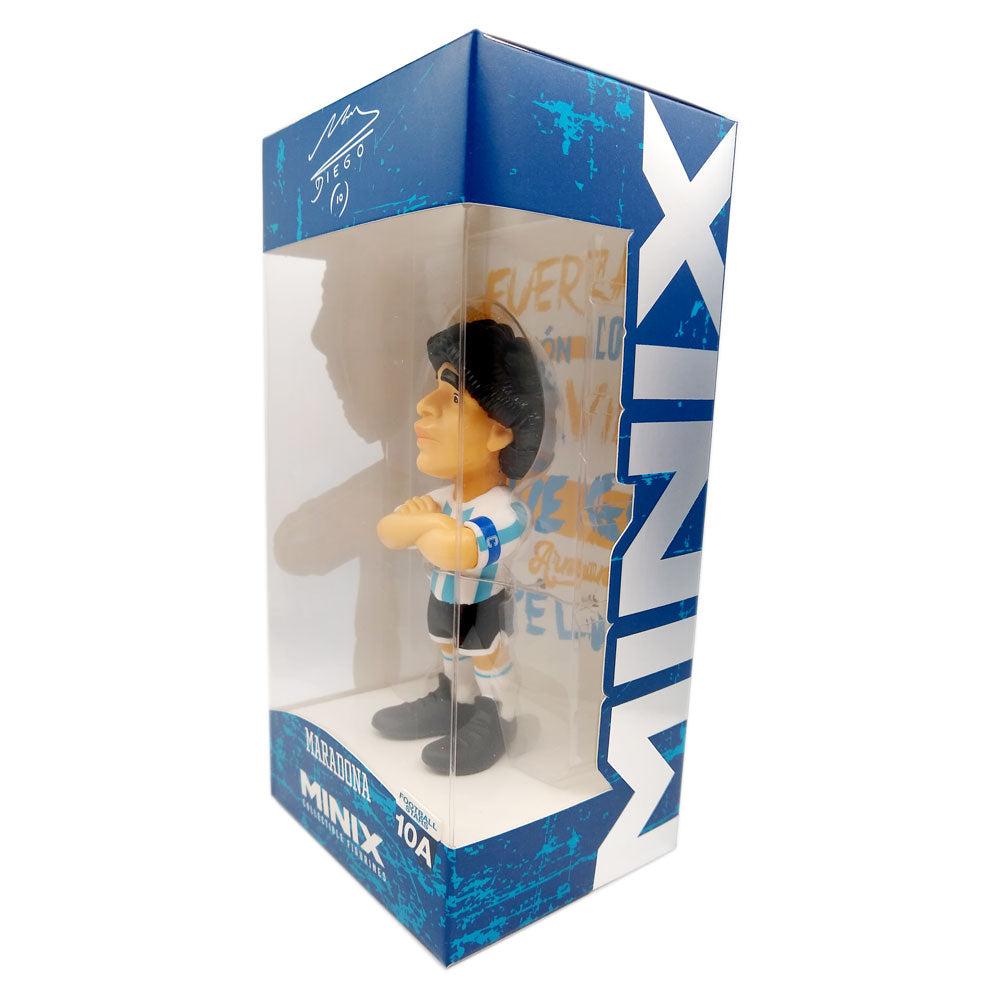 Minix Diego Maradona Argentina Figurine, a small vinyl figure in a sky blue and white striped shirt, black shorts and socks, with dark hair, in a blue display box.