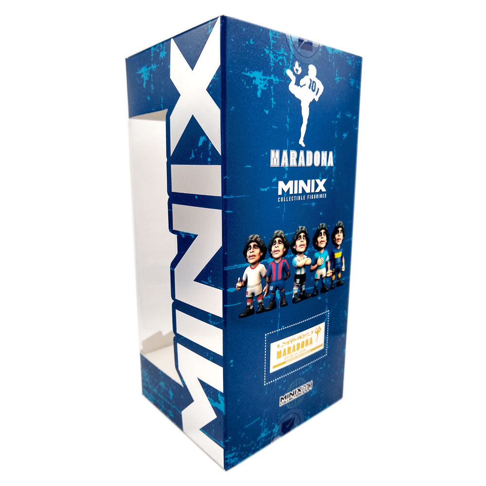 Minix Diego Maradona Argentina Figurine in a blue MINIX display box, featuring illustrated football figures and white branding.