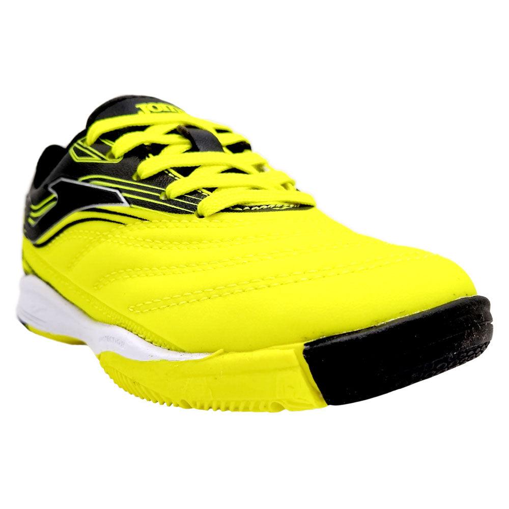 Joma Toledo Junior Indoor Soccer Shoes in vibrant yellow with black accents, designed for style and performance on the indoor field.