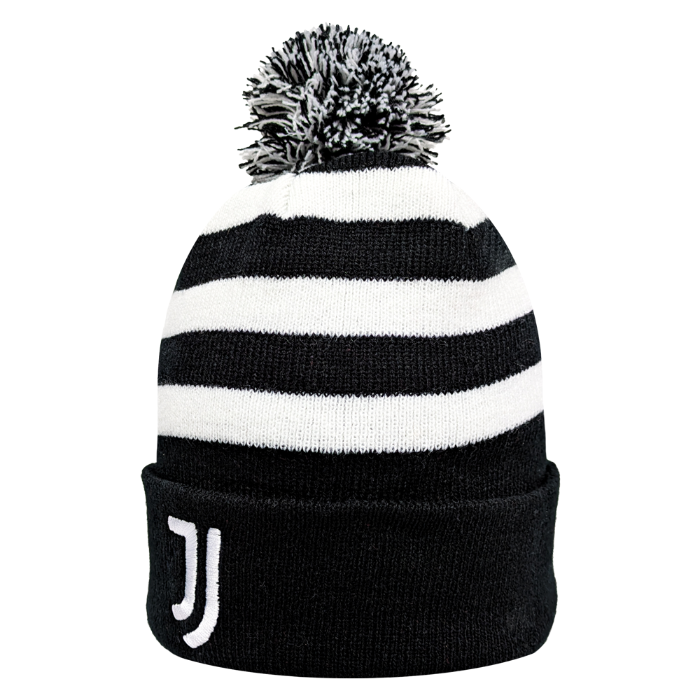 Fan Ink officially licensed Juventus Football Beanie with black and white stripes and pom-pom