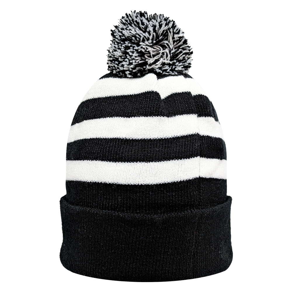Fan Ink officially licensed Football Beanie with black and white stripes and pom-pom, made of soft acrylic yarn for warmth and comfort.