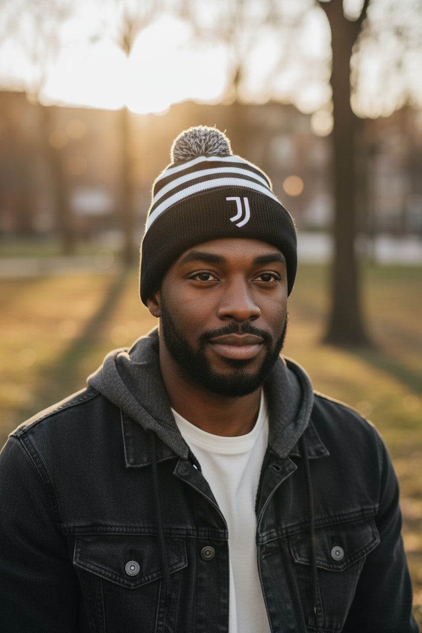 Man wearing Fan Ink officially licensed Juventus Football Beanie outdoors in winter