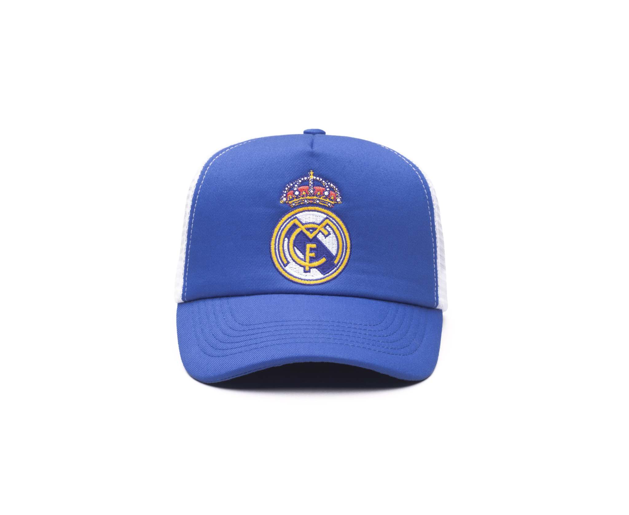 Blue Fan Ink officially licensed trucker hat with embroidered Real Madrid crest and white mesh back, adjustable snapback closure, unisex fit.