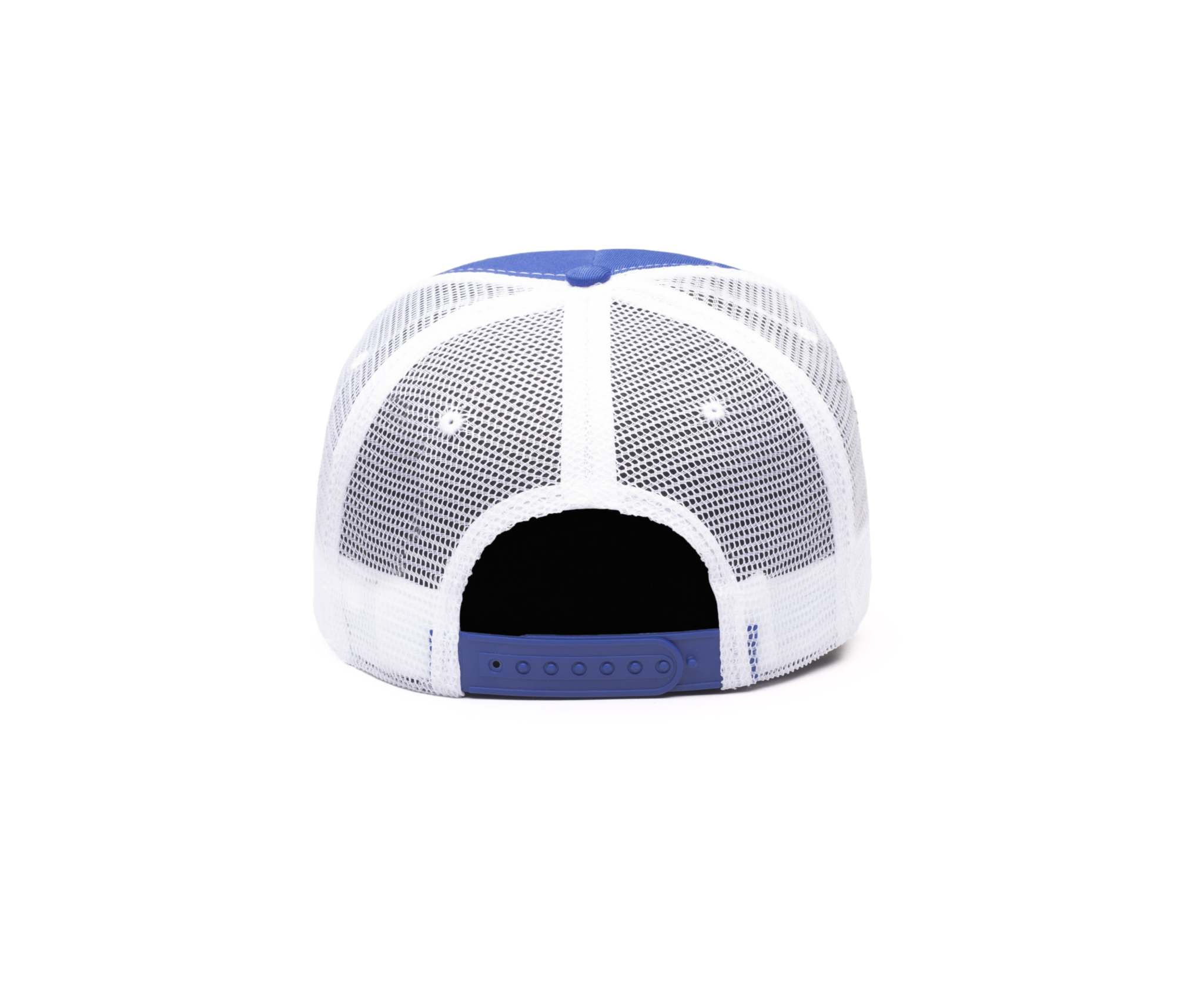Back view of Fan Ink officially licensed mesh back trucker hat with snapback closure in blue and white