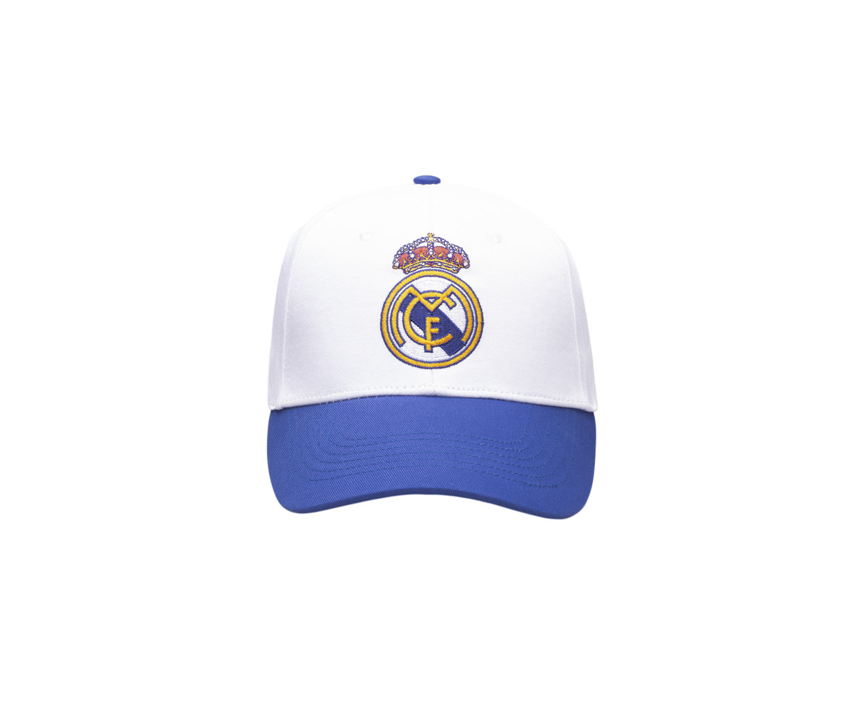Real Madrid Two-Tone Adjustable Cap in white and blue fabric, featuring an embroidered club crest and curved brim.