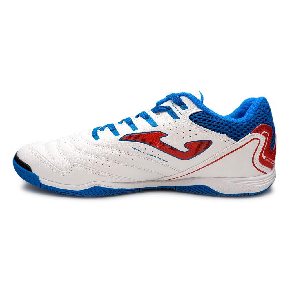 Joma Maxima Adult Indoor Soccer Shoes, exclusive edition, white with blue and red accents.