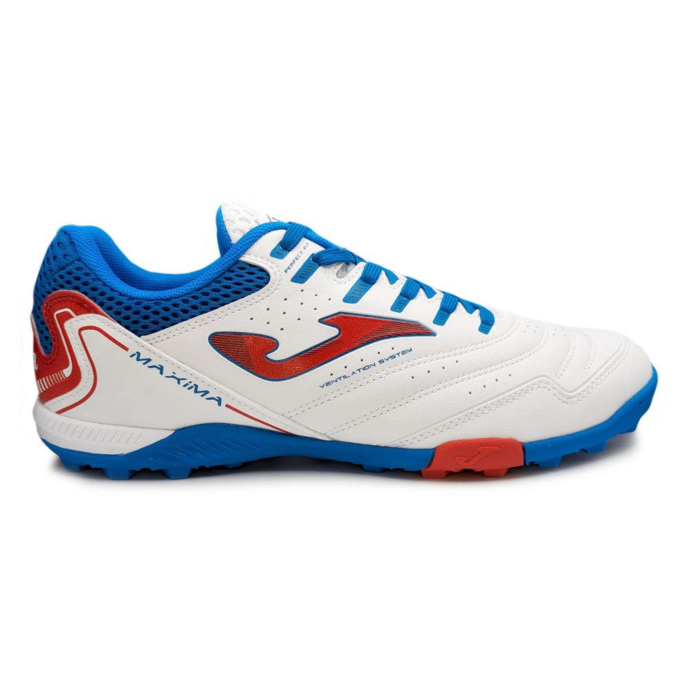 Joma Maxima turf soccer shoe in white blue and red with superior traction and lightweight design for adult players
