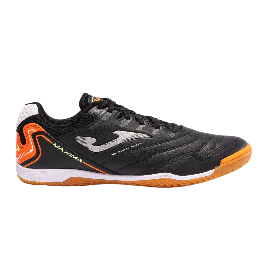 Joma Maxima Adult Indoor Soccer Shoes in black with orange accents and non-marking sole for futsal and indoor play