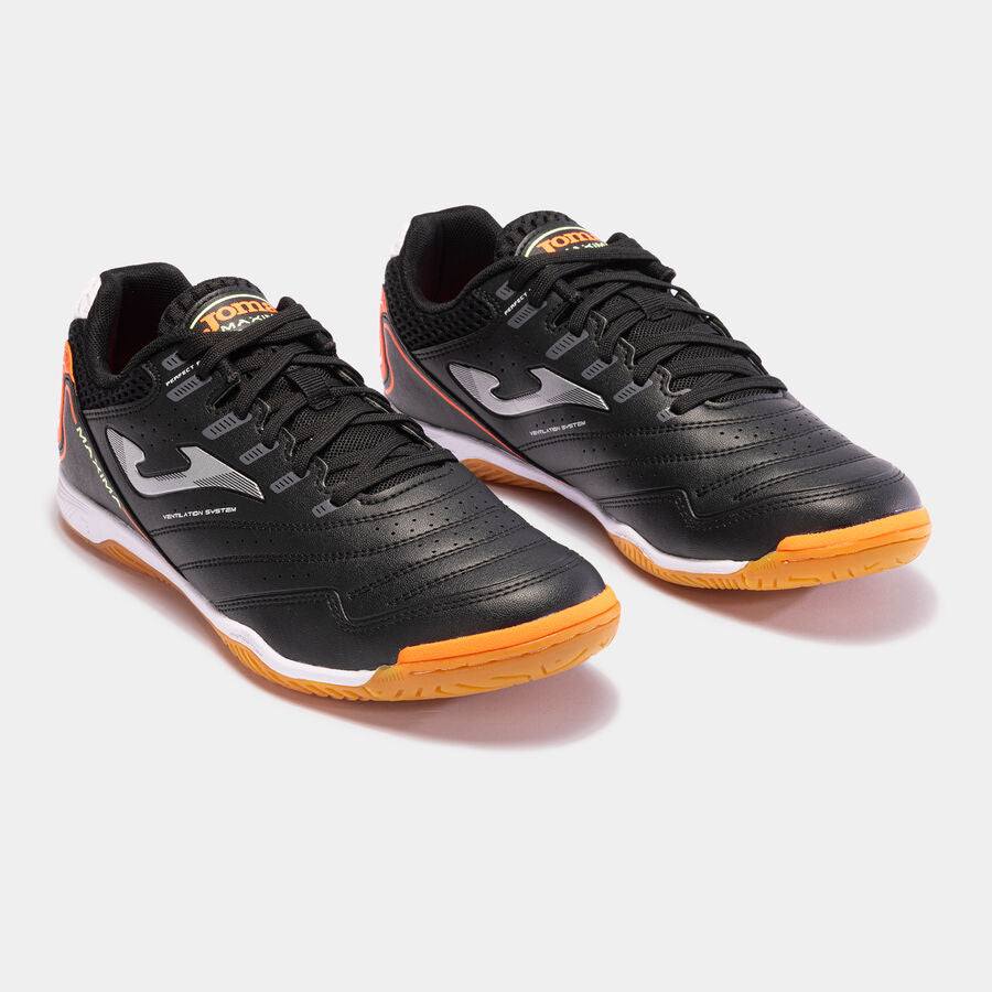 Joma Maxima Adult Indoor Soccer Shoes black with orange sole for futsal and indoor play