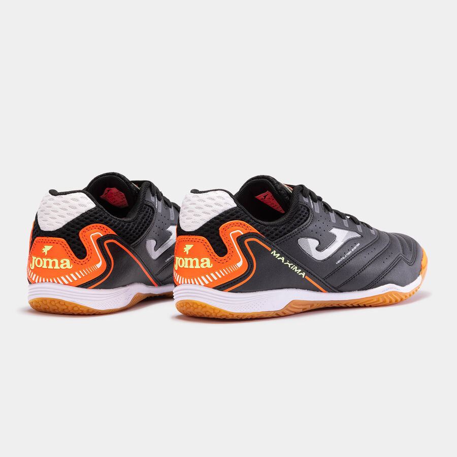Joma Maxima Adult Indoor Soccer Shoes black with orange accents non-marking sole for futsal and indoor soccer