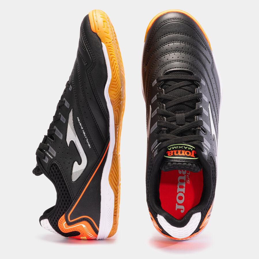 Joma Maxima Adult Indoor Soccer Shoes black with orange sole and white accents for futsal performance