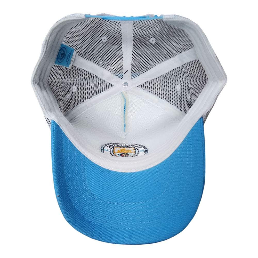 Manchester City Trucker Hat with a sky-blue curved brim, white mesh panels and the club crest embroidered inside.