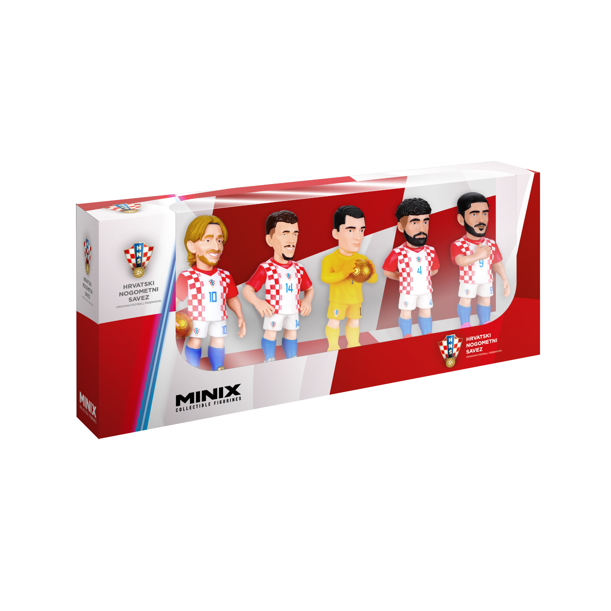 Minix Croatia National Team 5-pack football collectible figurines featuring Modrić, Brozović, Gvardiol, Kramarić, and Livaković in 7cm display box
