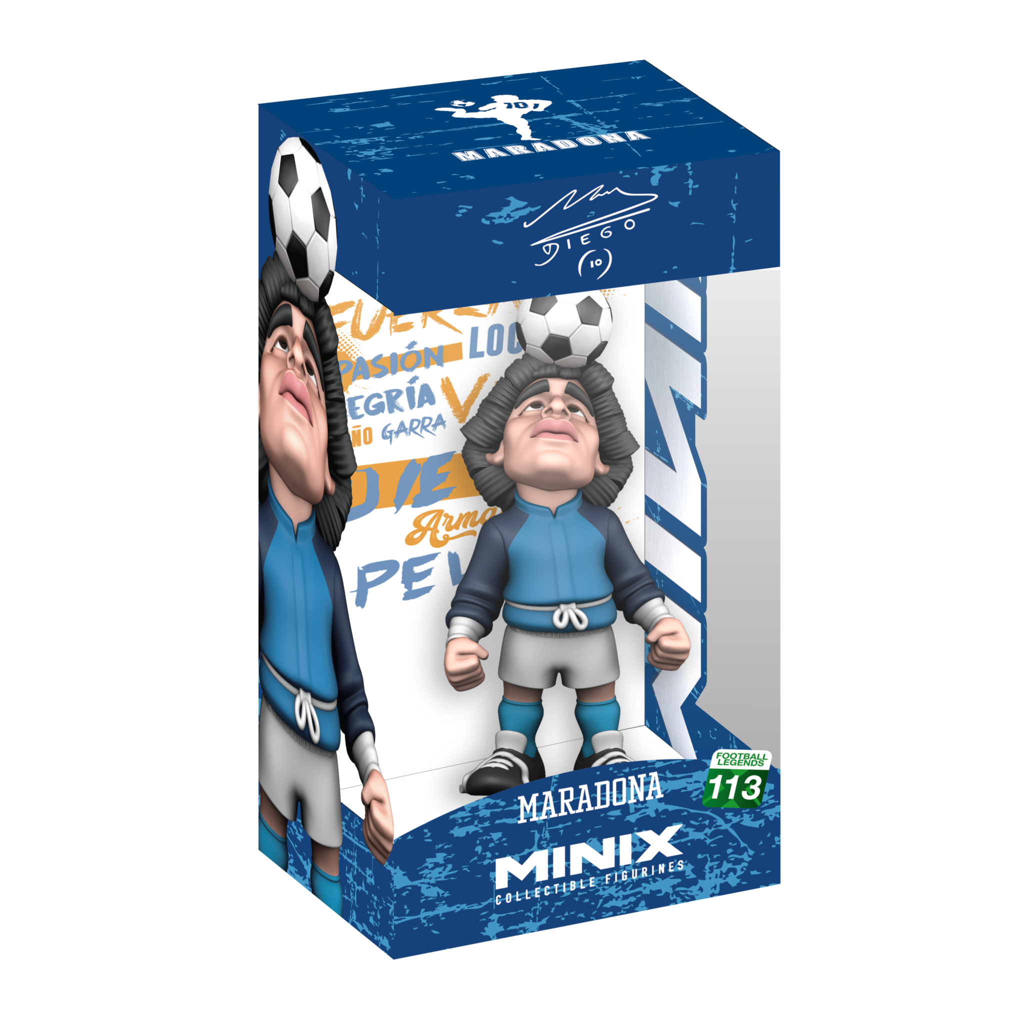 Minix Maradona 12cm collectible figurine in blue Argentina kit with soccer ball balancing on head in branded display box
