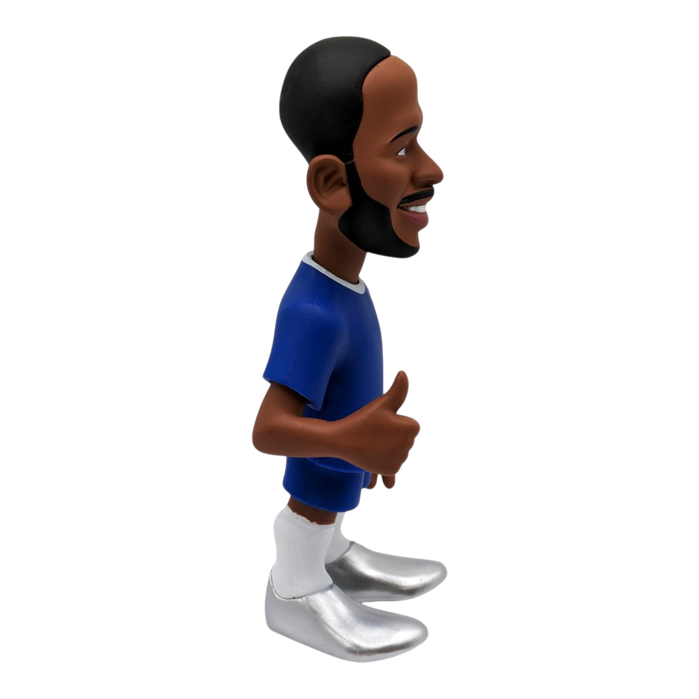 Minix Raheem Sterling Chelsea figurine in a blue shirt, white shorts and silver boots, with a detailed sculpt and thumbs-up pose.