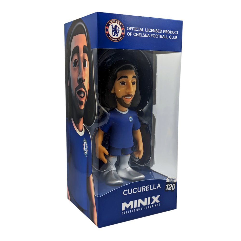 Minix Chelsea 12cm collectible figurine of Cucurella in official blue kit, boxed and licensed Chelsea FC merchandise