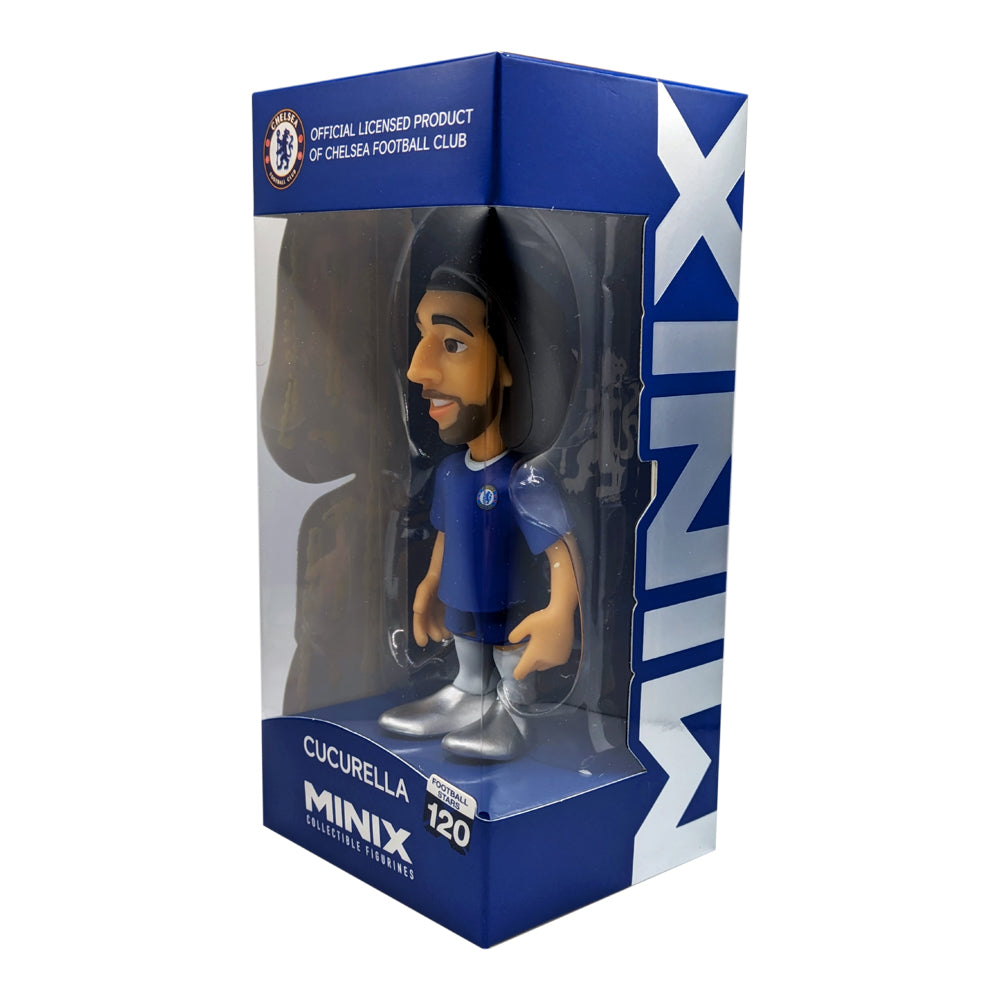 Minix Marc Cucurella Chelsea figurine with blue kit, dark hair and silver boots in a blue MINIX display box.