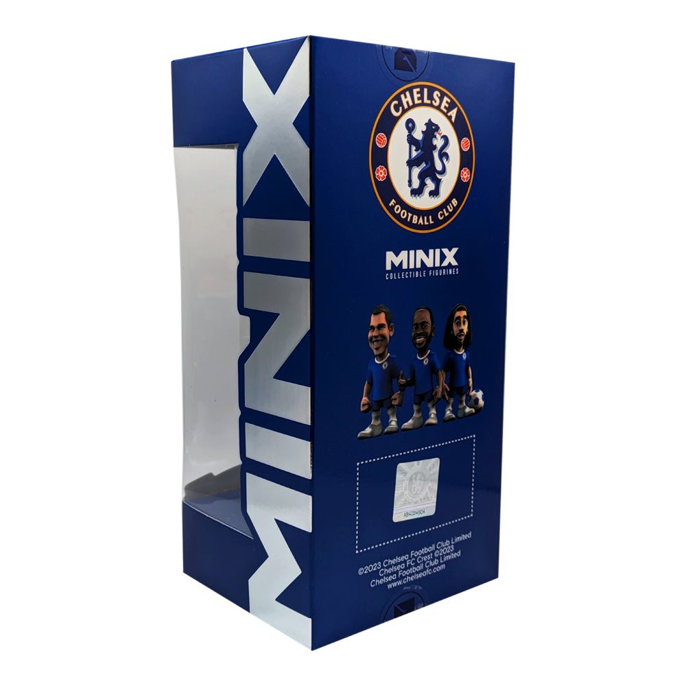Minix Marc Cucurella Chelsea collectible figurine in a blue display box with bold white MINIX lettering and club crest.