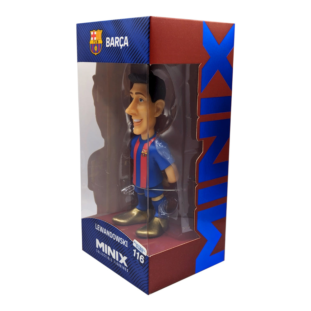Minix Robert Lewandowski FC Barcelona figurine in blue and red kit, displayed in a branded clear-window box.
