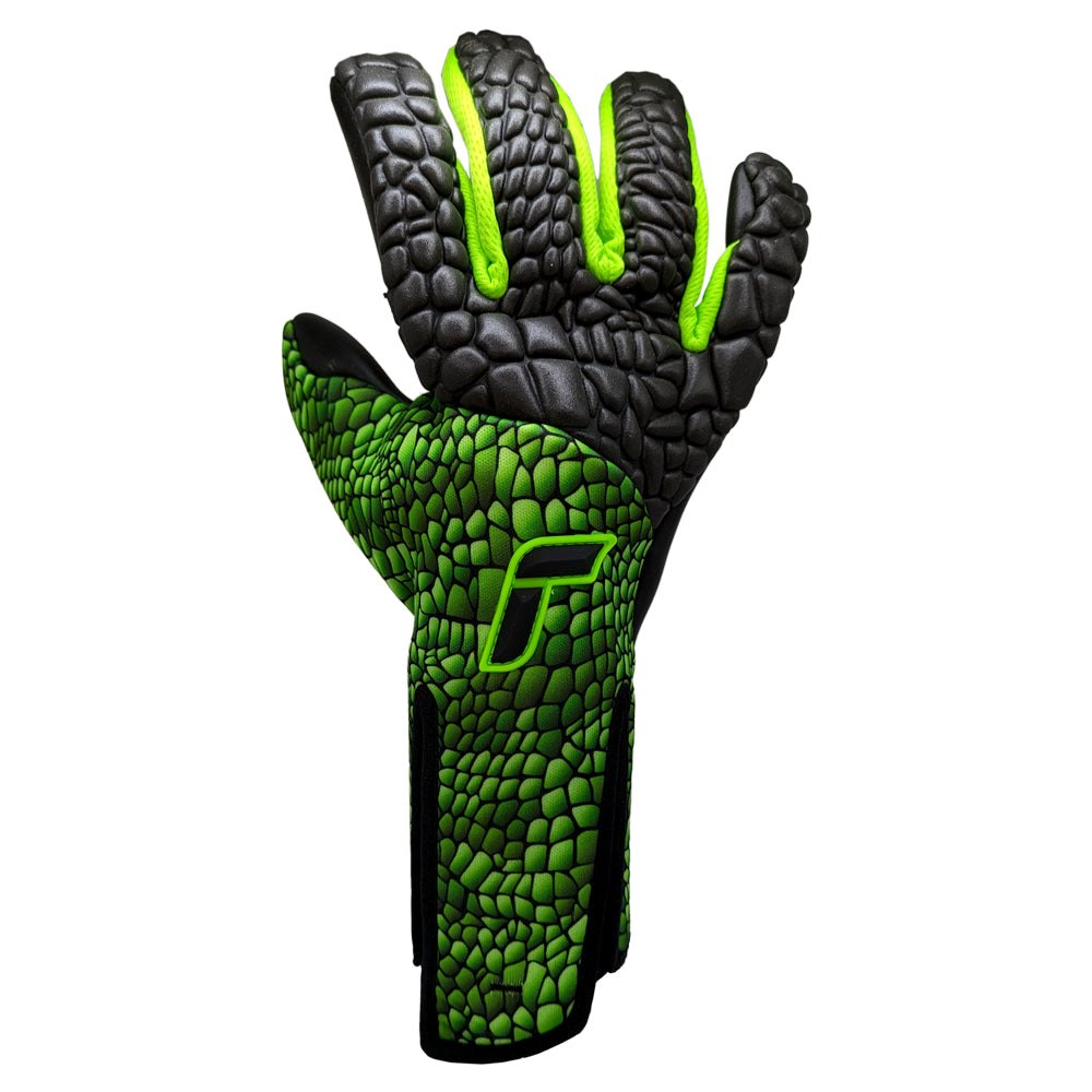 Reusch Venomous Gold X black and gold goalkeeper gloves with superior grip and flexible backhand design