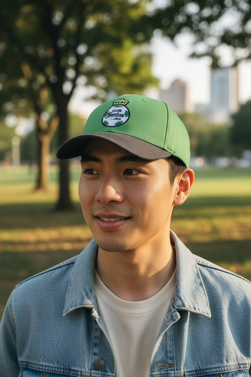 Man wearing Fan Ink officially licensed 2-tone adjustable Football Hat in green and black outdoors